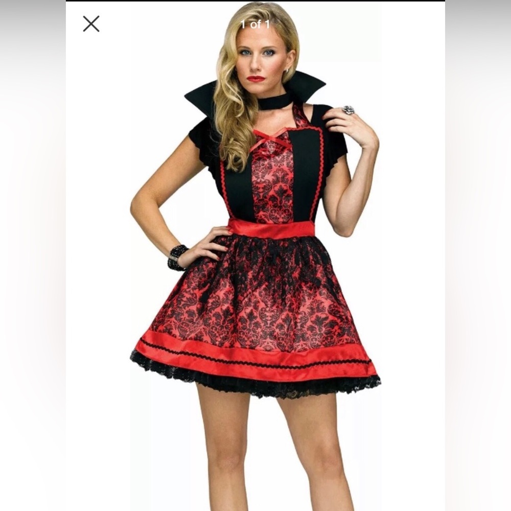 Sexy Witch Costume With Pointy Veil Hat, Vamp Collar, Apron Dress